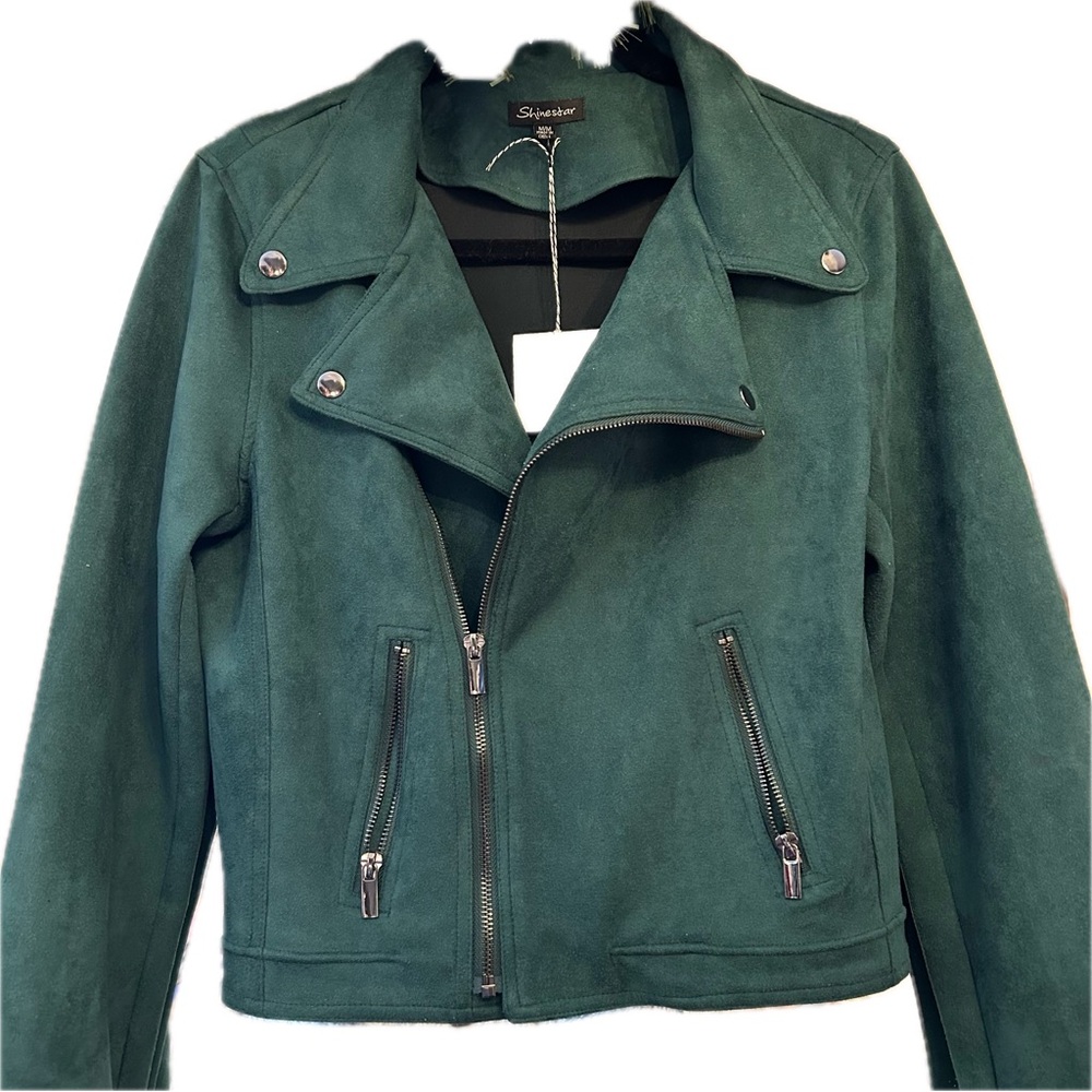 Shinestar Emerald Green Faux Suede Moto Jacket